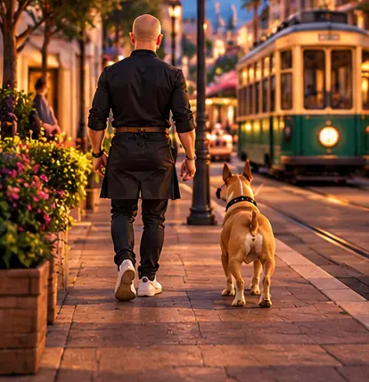 Dan and Jax walking downtown