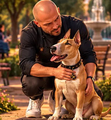Dan crouching to pat Jax in the park