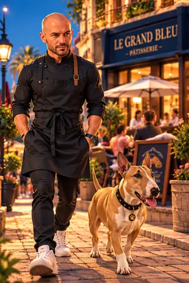 Dan walking Jax, his tan and white bull terrier