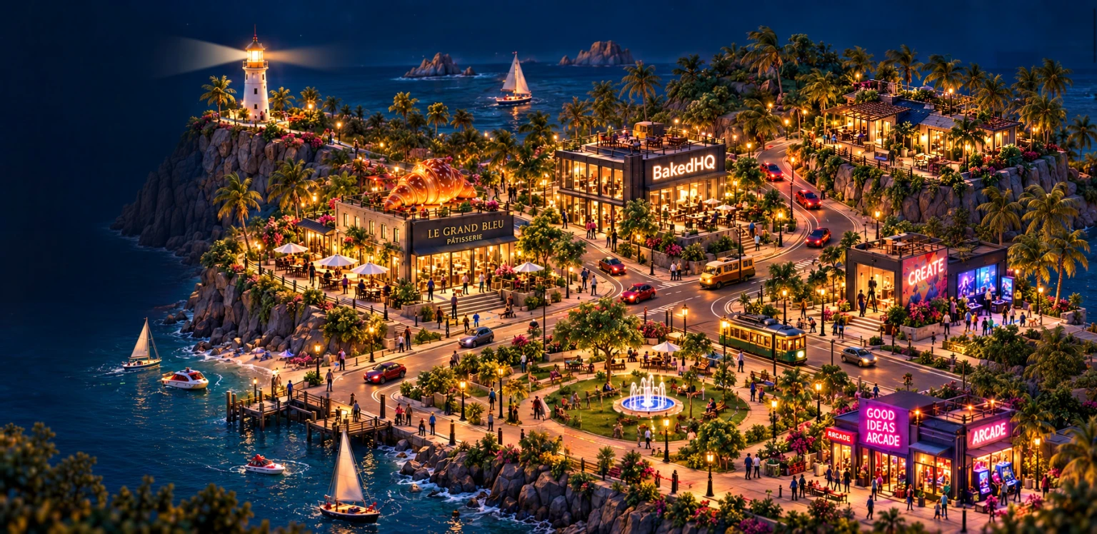 Night-time illustration of Dan's little coastal town: lighthouse, Le Grand Bleu Pâtisserie, BakedHQ, the CREATE studio, Dan's house on the hill, the Good Ideas Arcade, a fountain plaza and a marina.